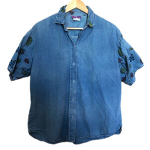 Vintage Boxy Loose Fit Denim Chambray Button Up Blouse Large